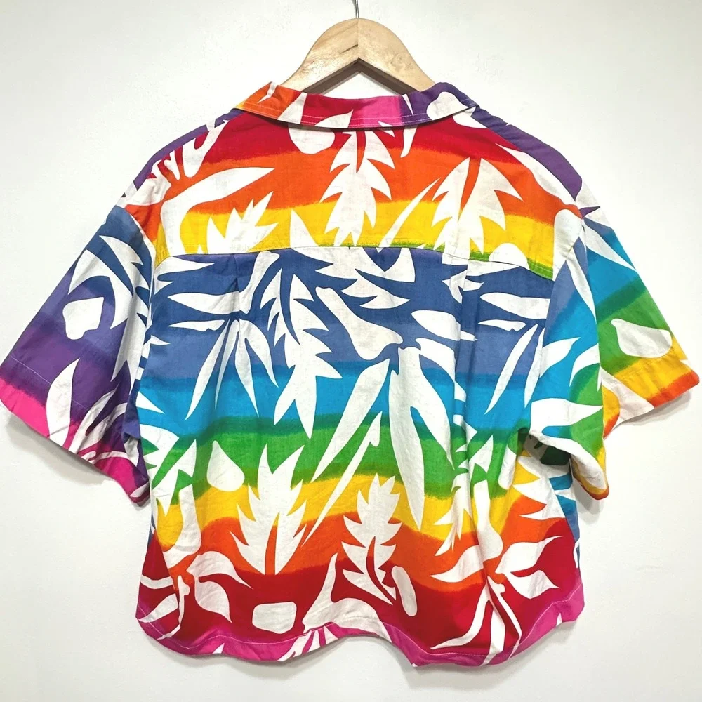 Vintage‎ Ocean Pacific Rainbow Palm Button Up Camp Shirt XL Boxy Crop Beach 80s